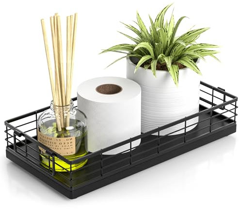 JNFUZ Toilet Paper Basket, 13 Inch Bathroom Basket Oak and Iron Toilet Tank Tray Toilet Tank Basket Top of Toilet Storage Toiletries Organizer for Bathroom, Living Room and Kitchen (Black), YY758