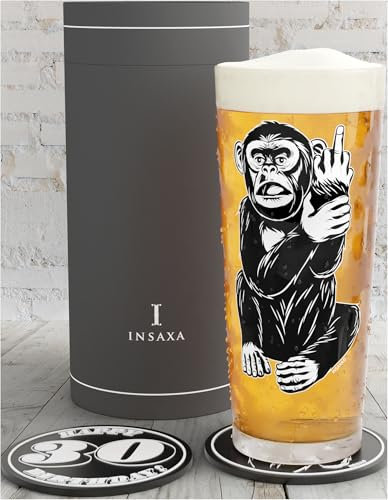 Cheeky Monkey 30th Beer Glass (1 Pint/580ml) and 2 Silicone Coasters - Funny 30th Birthday Gift for Men