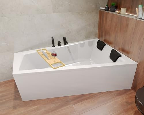BADLAND Badewanne Original Weiß Acryl Wanne Eckbadewanne INTIMA 180x125 Rechts KOMPLETTSET SET + Bambus Ablage + Kopfstützen + Füßen und Exklusive Chrom Automatik Ablaufgarnitur Made in EU 5in1