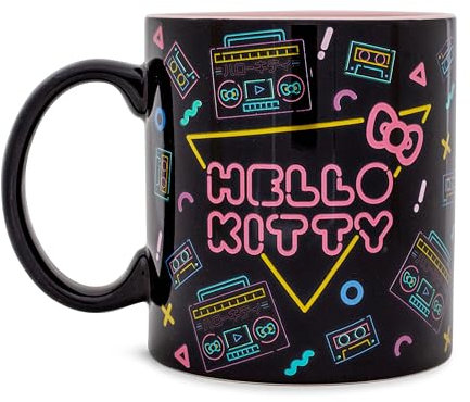Silver Buffalo Sanrio Hello Kitty Retro Boombox and Cassette Print Ceramic Mug | Large Coffee Cup For Espresso, Tea, Coca | Holds 20 Ounces