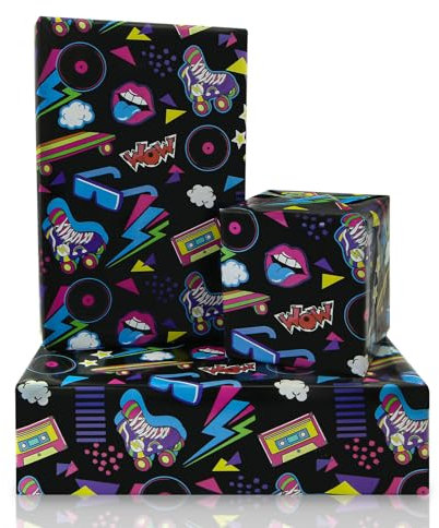 80er 90erGeschenkpapier für Jungen, Mädchen, Kinder, Hip-Hop Graffiti Elektronisches Musik-Geburtstags-Geschenkpapier, 4 Bögen, 50 x 70 cm, Geschenkpapier für 90er-, 80er-Jahre, Neon-Retro-Party