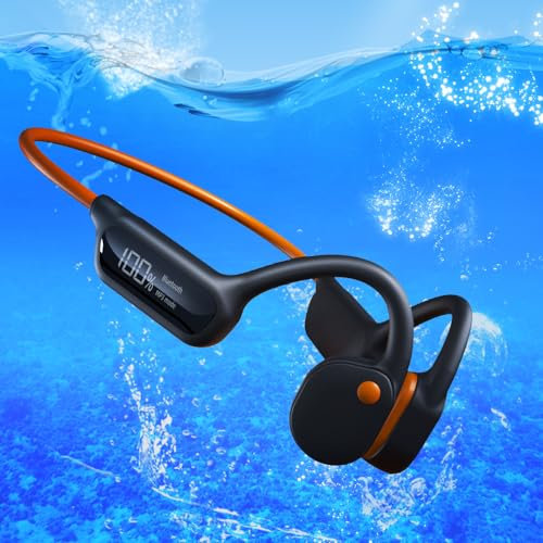 DHBY Swimming Headphones Bone Conduction Open Ear Headset MP3 Player Built-in 32G Memory IP68 Underwater Waterproof Stereo Bluetooth Earphone LED Screen for Driving Bicycling Running Skiing-X10 Black