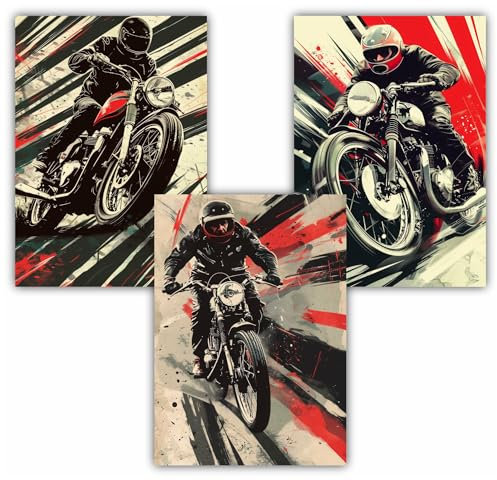 Samunshi® 3x Vintage Poster Motorrad Racer Kunstdruck Set mit Vintage Illustrationen Bilder für Jugendzimmer Deko Plakat Geschenk DIN A3 29,7x42cm