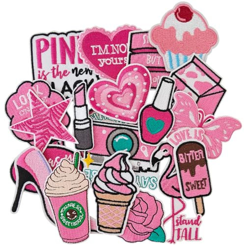 Jefuzh 20PCS Girl Themes Iron on Patches, Embroidered Appliqué Pink Iron on Patches for Clothes, Hats, Jeans, Skirts, Backpacks, Etc