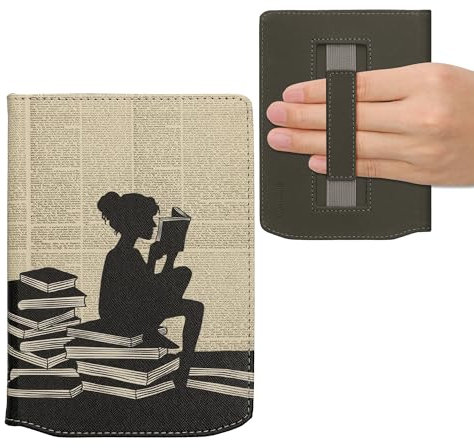 kwmobile Étui Compatible avec Pocketbook Verse/Pro/Color/Vivlio Light/Light HD Coque - Étui à Rabat magnétique Tablette eReader Similicuir avec Sangle - Noir-Beige