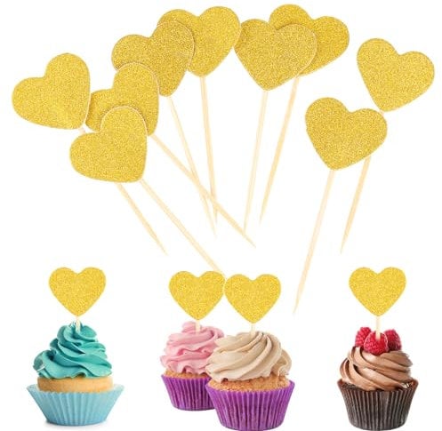Lot de 30 décorations pour cupcakes sur le thème de l'amour, mariage, fiançailles, cœur doré pailleté, anniversaire, Saint-Valentin