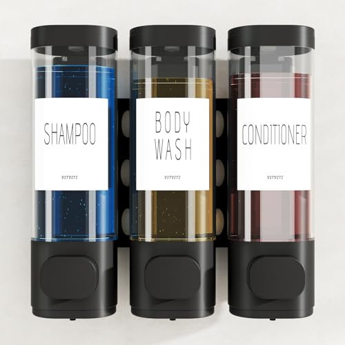 VITVITI Seifenspender Wandbefestigung ohne Bohren, 3 Kammern Shampoo Spender, 300 ml Duschgelspender aus Kunststoff, Shampoo Spenderflasche für Küche Badezimmer Dusche Hotel (Schwarz)