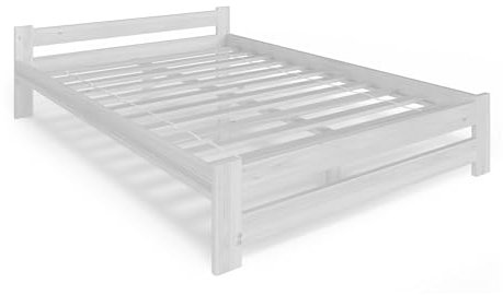 Holzbett 140x200 cm mit Lattenrost Modern Bett Bed Kiefer Massiv Bettgestell Doppelbett Massivholzbett Klassisch | Komfortabel & Langlebig | Skandinavisch Boho Landhaus Kopfteil flach weiß