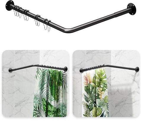 Enicvegw Asta per tenda da doccia angolare, 61-132 cm, regolabile, a forma di L, ad angolo di 90 gradi, nero, per vasca da bagno, negozio di abbigliamento, con 12 ganci ad anello e supporto a soffitto