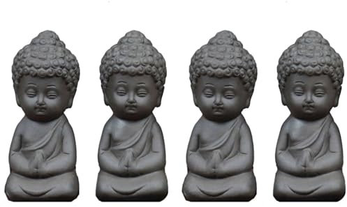 Heart Tong 4er Set Zisha Ton Kleine Tathagata Buddha Statue - Dekorative Mini Figuren, Teetiere und Sukkulenten Deko für Wohnzimmer, Arbeitszimmer, Teeraum, Büro