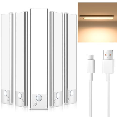 JEKEMORYE Unterbauleuchte Küche Led Schrankbeleuchtung Bewegungsmelder - Ausgestattet mit 3 USB Netzkabel - Warmweiß 5 Stück 20 CM - Licht Aufladbar Innen Batterie Aufladbar Schrank Leiste Lampe