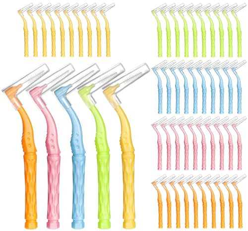 RAYITO 100 Pcs Interdental Brushes, 5 Sizes Soft Dental Brushes with Non-Slip Handle Angled Head Tooth Picks Floss Sticks Dental Floss Brushes for Braces Oral Cleaning Narrow Gaps Between Teeth