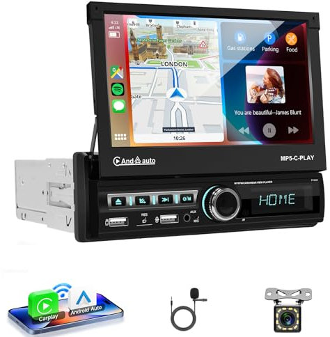 VECHTEL Radio Coche Bluetooth con Carplay Android Auto Inalámbrico, Autoradio 1 DIN con Retráctil Eléctrico Pantalla Táctil de IPS HD 7 Pulgadas Soporte Bluetooth Mirror Link Radio FM 2USB/AUX Cámara