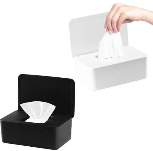 2 PCS Wipes Dispenser Case Box, Baby Wipes Box Dispenser, Dry Wet Tissue Paper Case Holder, Tissue Storage Box Case with Lid, Keep Wipes Fresh (White +Black)