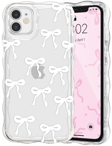 QLTYPRI Case for iPhone 12, Cute Ribbon Bow Curly Wavy Frame Clear Phone Case for Girls Women, Aesthetic Bowknot Transparent Soft Silicone TPU Bumper Shockproof Protective Cover - White