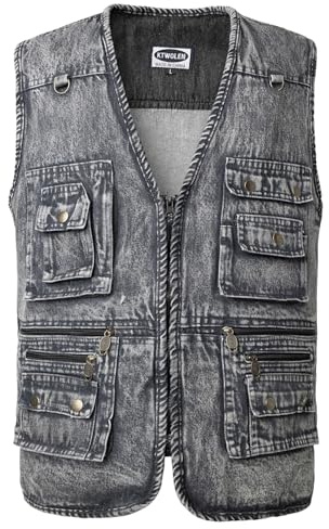 KTWOLEN Herren Retro Jeans Weste Motorrad Weste Vintage Kutte Jeansweste Ärmellos Jeans Jacke Denim Weste mit Vielen Taschen