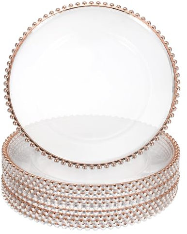 sourcing map 12pcs Clear Charger Plates Bulk, 13 Plastic Round Charger Plates with Bead Trim Dinner Dessert Plate for Wedding Party Event Table Setting Decoration, Rose Gold