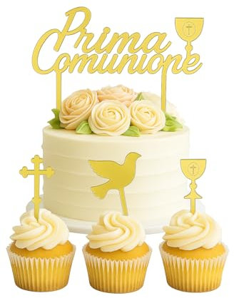 Kit Topper Torta Prima Comunione Oro – 4 Pezzi in Plexiglass Specchiato – Scritta “Prima Comunione” + Mini Topper Calice, Colomba, Croce – Decorazioni Eleganti per Torte e Buffet