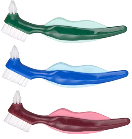 Veemoon 3pcs Dual Head Denture Brush Ergonomic False Teeth Cleaning Brushes with Hard Bristles for Stain Removal and Retainer Care Red Green Blue