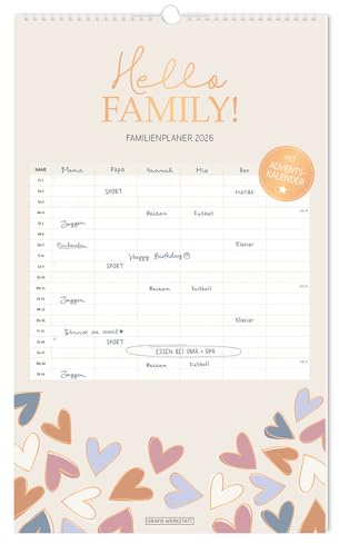 Hello Family - Familienplaner 2026 - Grafik Werkstatt - Monatskalender mit 6 Spalten zum Eintragen - 29 cm x 48 cm - Küchenkalender
