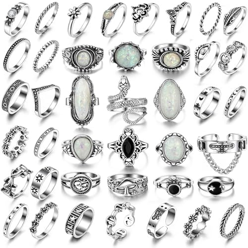 Hifot 42 Stück Punk Ringe Set für Damen Frauen Opal Y2K Ringe Silber, Gothic Vintage Fingerringe Boho Schmuck Sonne Mond Schlange Schmetterling Blume Y2K Accessoires
