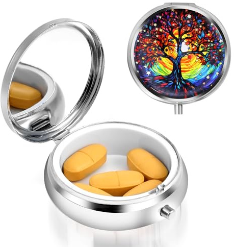 Sibba Metall Klein Pillendose Rund Tragbare Multifunktionale Reise-Pillendose Medikamenten-Organizer-Box Für Vitamine Fischöl Nahrungsergänzungsmittel Für Tägliche Reise (Baum)