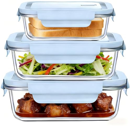 YueXing Glass Meal Prep Containers with Snap Locking Lids [3-Pack, 340+640+1040ml],Reusable Airtight Food Storage Containers Lunch Box, BPA-Free, Microwave/Oven/Dishwasher/Freezer Safe