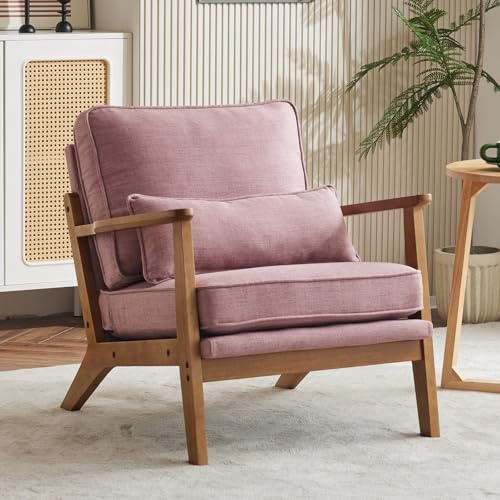 Bonnlo Accent Chair, Soild Wood Padding Lounge Armchairs, Occasional Reading Chair with Cushions and Lumbar Pillow, Armchairs for Living Room, Bedroom, Guest Room, Wide Arm, Fabric, Peach Pink