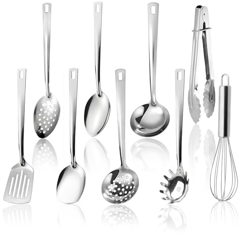 Juego de 9 utensilios de cocina de acero inoxidable – Herramientas de cocina con diseño de agujero colgante, utensilios de cocina, apto para lavavajillas, cucharón de acero inoxidable, espátula