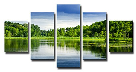 Visario Leinwandbild Natur 5-teilig 160x80 cm 5565 – Wandbild grüner See mit Waldufer und Spiegelung, XXL Kunstdruck auf Leinwand mit Holzrahmen, Wanddeko Wohnzimmer Büro