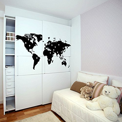 (100x55 cm) Vinyl Wand Aufkleber Weltkarte with Google Punkten / Erde Atlas Shiluette Kunst Dekor Aufkleber / Entfernbarer Heim Wandsticker + Gratis Zufällig Aufkleber Geschenk