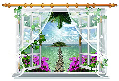 Adesivo da parete 3D con vista per finestra e paesaggio, decorazione per la casa, vista mare e tenda
