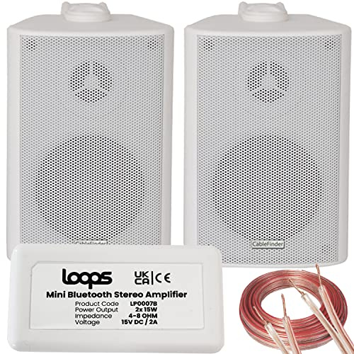 Loops SMART HOME Bluetooth Amplifier & 2x White Wall Mounted Speaker Kit – Compact HiFi Mini/Micro Amp – Bathroom/Kitchen Audio Music Player System