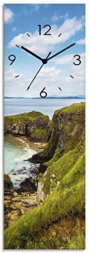 ARTLAND Wanddeko Wanduhr ohne Tickgeräusche Glas Funkuhr 20x60 cm Rechteckig Lautlos Strand Küste Meer Felsenlandschaft Urlaub Maritim S7MQ