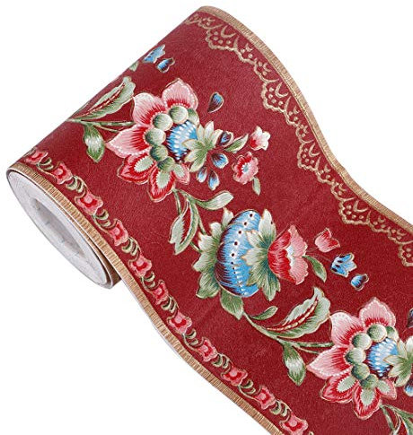 sourcing map 3D Wall Paper Border Self Stick Wall Covering PVC Floor Borders for Kitchen Bathroom Bedroom Wall Adornment Paper Lantern Flower Pattern Red 3.94 Inch by 16.4 Feet