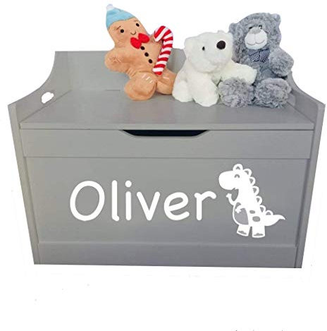 Little Secrets Gifts Personalised Children's Grey Wooden Toy Storage Box with Dinosaur Design