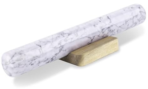 Flexzion Rouleau à pâtisserie français en marbre blanc de 30,5 cm pour la cuisson avec support de base en bois – Rouleau de cuisson anti-adhésif pour fondant, croûte, pâtisserie, biscuits, pizzas,