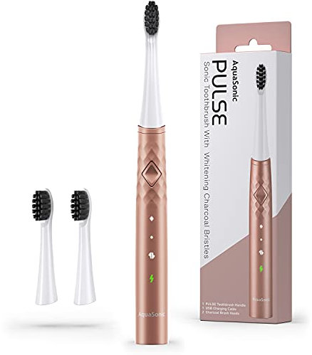AquaSonic Pulse – Ultra Whitening Electric Toothbrush w Activated Charcoal Whitening Bristles – Sonic Rechargeable toothbrush – 3 Modes & Smart Timers – Lasts 45 days – Home & Travel Toothbrush