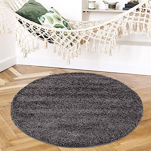 payé Teppich Rund Hochflor Shaggy - 120x120cm - Dunkelgrau - fürs Wohnzimmer - weich Langflor - Schlafzimmer Bettvorleger Kinderzimmer - Dekoration