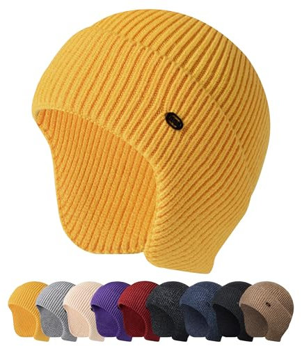 HiRui Strickmütze, Wintermütze, Ohrenschützer für Herren und Damen, warme tägliche Kopfbedeckung, gelb, Einheitsgröße