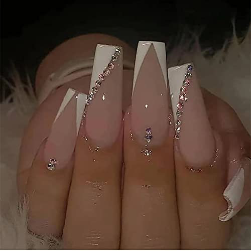 Carufin 24 PCS Long Cercueil Faux Ongles Acrylique Brillant Ongles En Cristal Artificiel Appuyez sur Les Ongles Ballet pour Femmes Filles (rose 1)