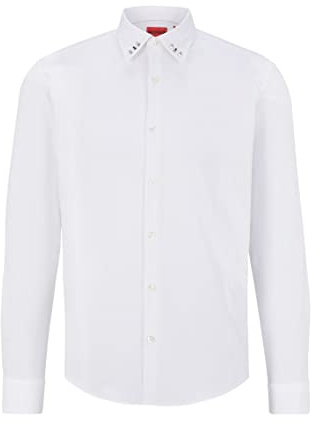 HUGO Herren Ermo Slim-Fit Hemd aus Stretch-Baumwolle mit Nieten am Kragen Weiß L