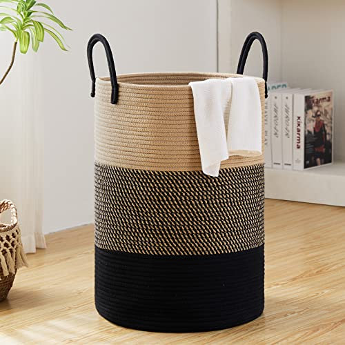 Fiona's Magic Panier à linge tissé en corde de coton, grand panier de rangement bohème pour couvertures, jouets et vêtements pour chambre à coucher et salon, toile de jute, 58 L, marron et noir
