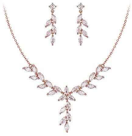 Clearine Parure Bijoux Femme Mariage en Zircone Cubique Pour Demoiselle d'Honneur Marquise Grappe Y Forme Collier et Boucles d'Oreilles Ensemble Clair Ton Or Rose