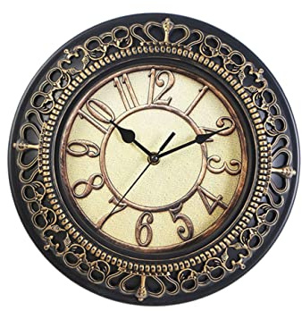 Hoement Lautlose Runde Wanduhr 30, 5cm aus Kunststoff in Gold, Vintage | Europäischer Stil, Geschnitztes Zifferblatt, Leicht zu Montieren, Dekorativ für Garten und Pub