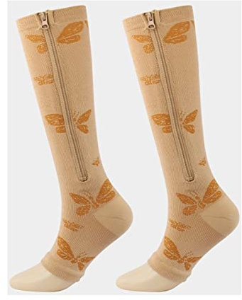 Calze a compressione medica con cerniera da donna e uomo in nylon ad alta elasticità con punta chiusa a pressione per edema vene varicose (2 paio) (L/XL, farfalla)