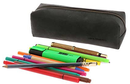 MoreThanHip Lynton Federmäppchen Leder Matt Schwarz - Vintage Schlampermäppche Werkzeugbeutel aus Öko Leder Schlamperetui Stärke Büro Schule Make up Tasche