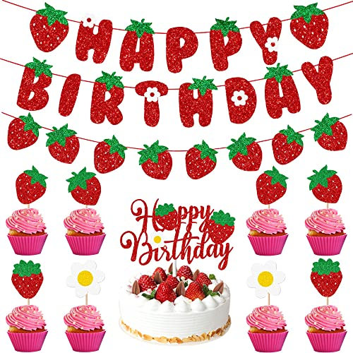 Xihuimay 11 Stück Erdbeere Kuchen Topper Happy Birthday Tortendeko Kuchendeko Kuchendeckel Geburtstag Torten Dekoration Erdbeere Theme Tortenzubehör für Mädchen Junge Kinder Taufe