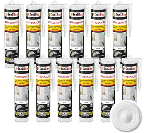 Isolbau Mastic acrylique pour façades - Mastic acrylique avec grain pour combler les fissures et les joints en intérieur et en extérieur - Blanc - 12 cartouches de 300 ml