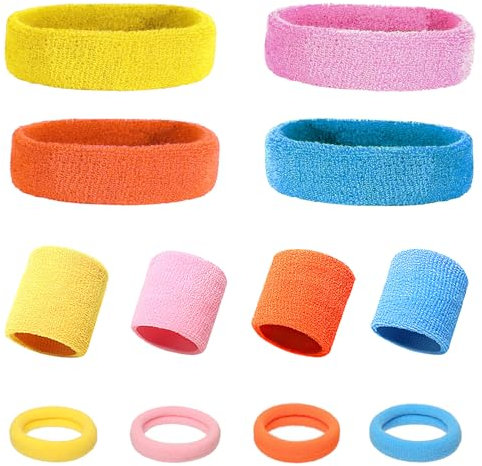 CYUaoao 12 Stück Neon Schweissband 80er Schweißbänder Set Schweißbänder Stirnband Saugfähige Handgelenk Haarkordeln für Basketball Tennis Laufen Fitness Damen Herren Unisex 4 Farbe